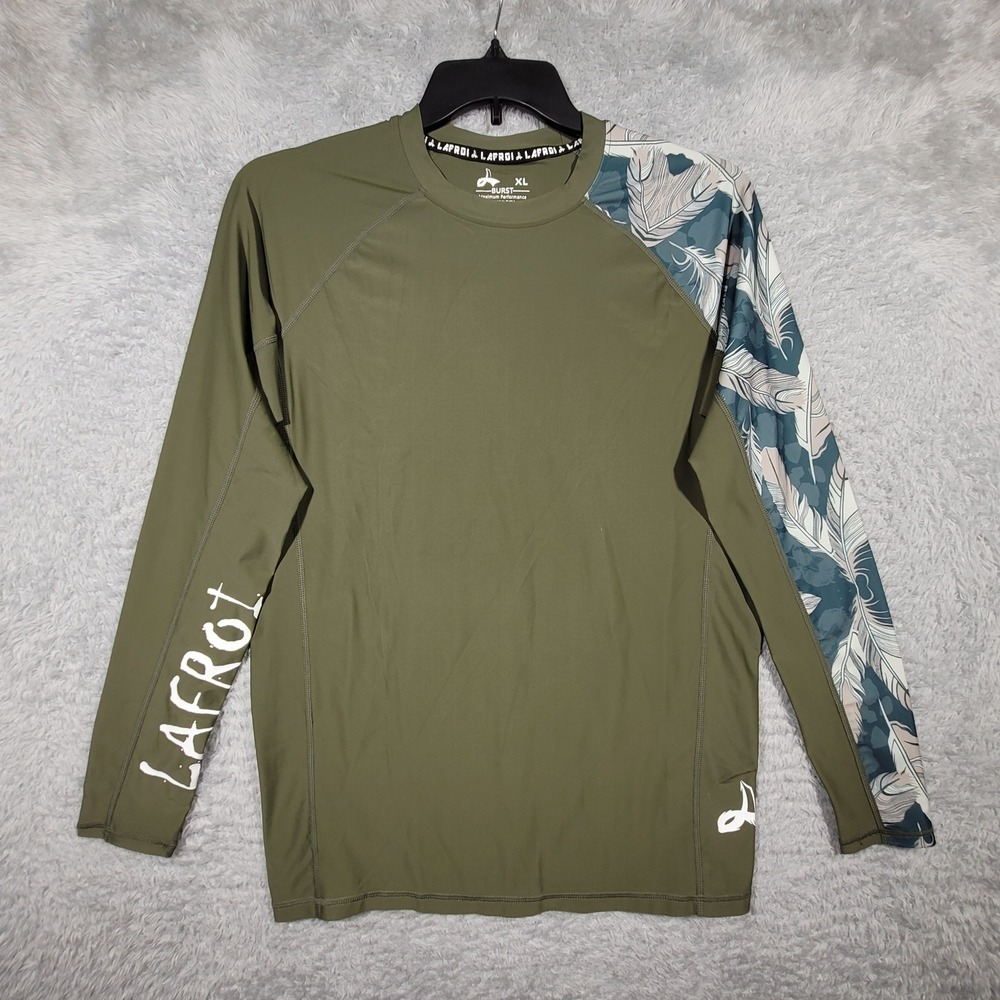 LAFROI Rash Guard Shirt Men XL Green Long Sleeve Floral Feather UV Protection